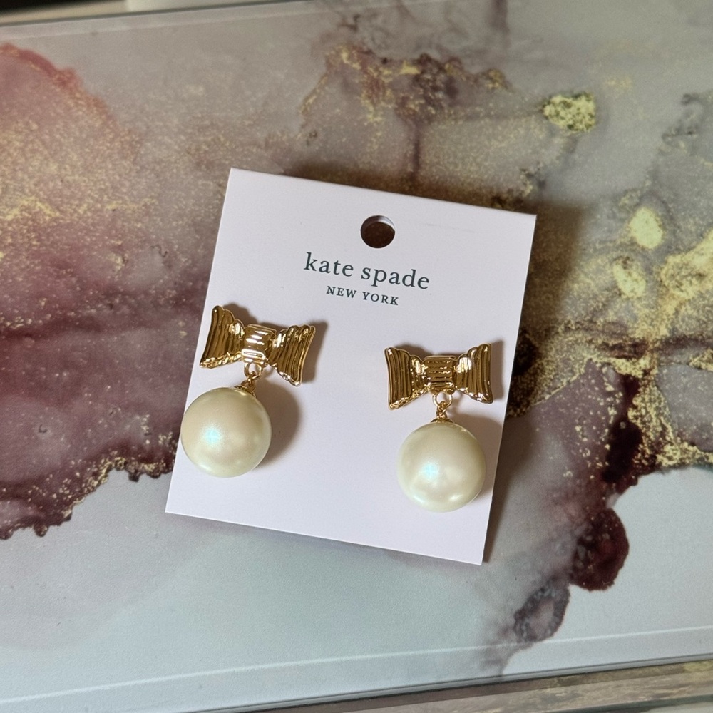 Kate Spade Pearl & Gold Bow Earrings - Picture 12 of 13
